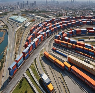 a train traveling through a city with a lot of containers