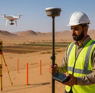 مساح سعودي يستخدم جهاز GPS في صحراء مفتوحة، مع وجود طائرة درون وجهاز توتال ستيشن في الخلفية، يرمز إل