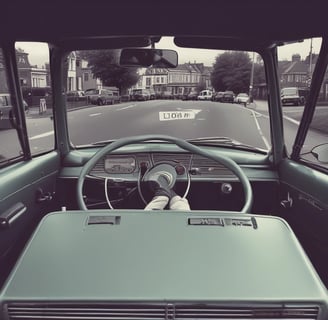 A person wearing a black helmet and gloves is driving a car with a manual transmission. They are seated in the driver's seat, holding the steering wheel, and the gear stick is visible. The interior of the car is modern and includes visible features such as the dashboard and rearview mirror.