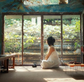 Person in a white dress sitting on the floor, peacefully looking out a large window into a lush gard