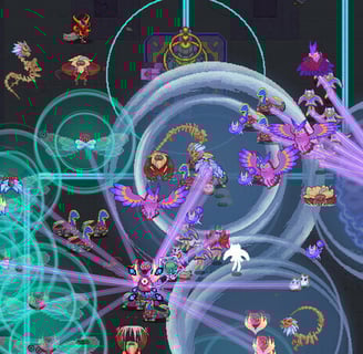 A chaotic sci-fi battle in *Bioweaver*, featuring biomechanical creatures and intense energy attacks