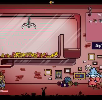 Retro-style claw machine RPG battle scene with a feline warrior and a blue elder in a cozy room.