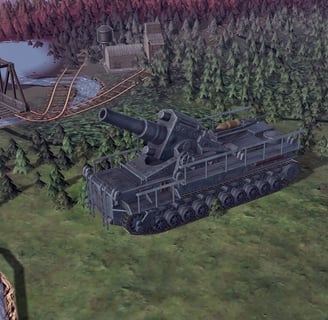 A massive railway artillery cannon stationed near a river, ready for action in Hearts of Iron IV.
