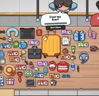 Airport lost and found game interface with various items scattered on a wooden table.