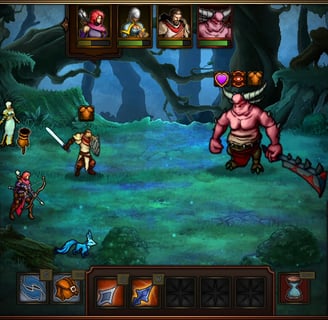 Turn-based RPG battle in a dark forest with adventurers fighting a horned demon boss.