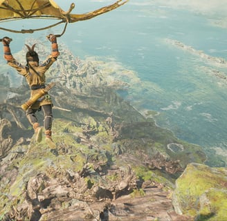 Gliding over a vast landscape, a warrior soars above ancient ruins and lush coastal terrain.