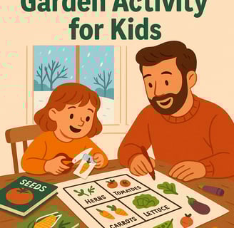 A playful digital illustration of a child and parent at a kitchen table crafting a garden layout usi