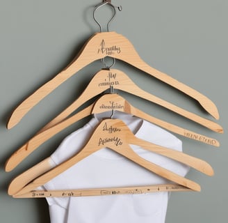 Several white hangers on a rack, each customized with cursive names in gold lettering. Some hangers hold black and beige garments. One hanger is adorned with a decorative white bow featuring a small jewel.