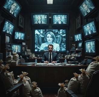 Corrupt Network Executive in his office with bags of cash.