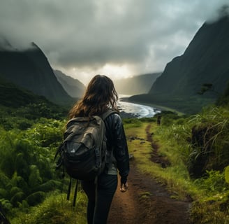 Hawaiian backpacker on a mountain trail
