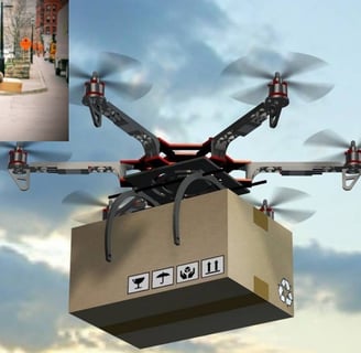 Drone delivering a package and the other showing a friendly human courier handling packages.