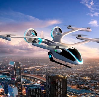 A city with a drone transporting people in the sky.