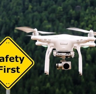 A white drone flying over a sign that says safety first.