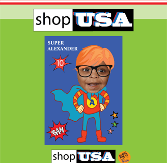 a kid's birthday card with a photo of a boy in a superhero costume