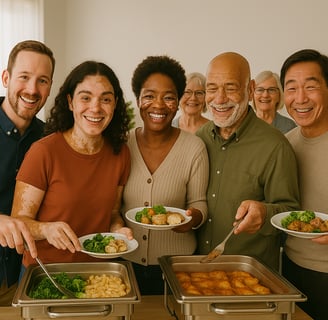 a group of people standing around a buffet