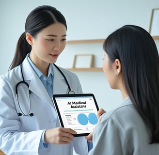 A doctor reviewing AI-generated diagnostics on a tablet while speaking to a patient in a clinic 