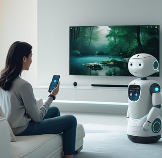 A cozy smart home scene: ambient lighting, a voice assistant speaker glowing, TV Screen
