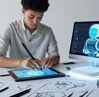 Creative individual using a laptop or tablet surrounded by sketches, digital tools, and an AI Agent