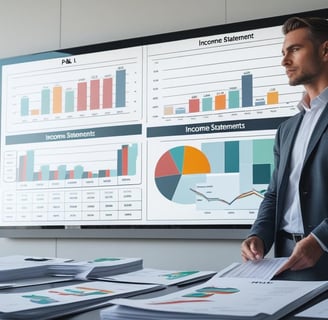 Entrepreneur reviewing charts on a large screen on wall, with P&L and income statements on desk