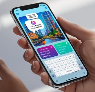 Hand holding a smartphone showing multiple AI features: voice assistant, smart camera