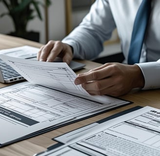 Professional reviewing tax forms with laptop and legal documents, calm and organized workspace