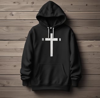 A folded yellow hoodie with a design reading 'COME THRU JESUS' in large, bold yellow letters on a black background. A blue tag attached to the hoodie reads 'FRESH HOPE APPAREL'. The hoodie is placed on a wooden surface.