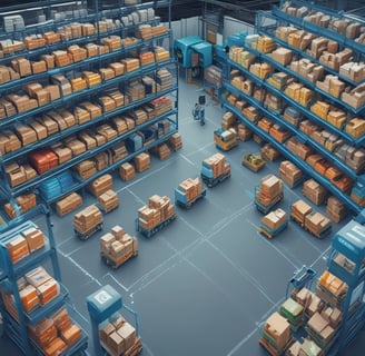 Yapay zeka destekli alokasyon sistemleriyle optimize edilen modern bir depo ve otonom taşıma araçlar