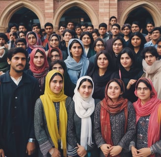 A large gathering of students sitting on a red carpet, with a man standing prominently in front, wearing a green patterned jacket and a black cap. The background features a colorful building with green, yellow, and white accents, resembling a mosque or religious school. Many of the students are dressed in light blue blazers and white shirts, and some are wearing headscarves, indicating a formal or religious setting.