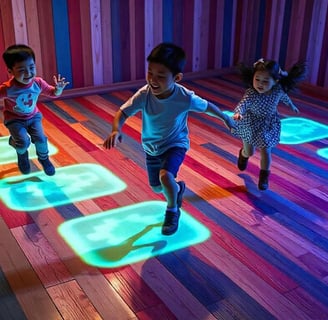 three children playing with a light - up game