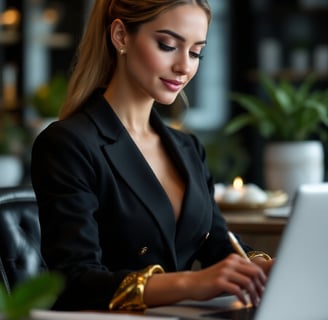 a woman in a black suit and gold accessories