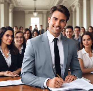 A person, dressed in a suit, is sitting indoors reading a document. The scene is dimly lit with reflections on glass, and the background shows a set of doors leading outside.
