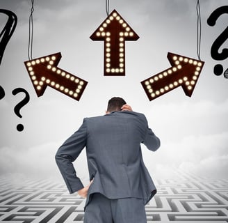 Image of a person who is overwhelmed with too many questions, answers and decisions