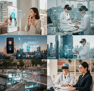 Una vibrante y futurista imagen de una ciudad donde la IA se integra perfectamente en la vida diaria