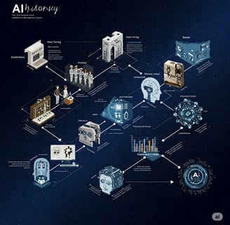 Una visualización que representa la historia y evolución de la IA a través de una línea de tiempo