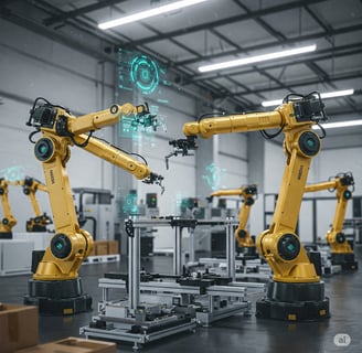 Muestra robots con sensores avanzados e IA trabajando en un entorno de fábrica sostenible