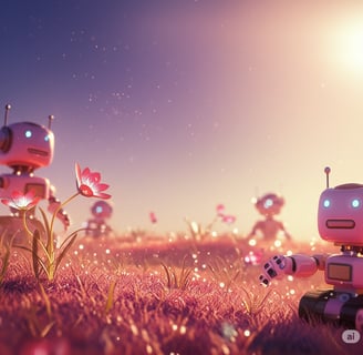 a robot toy robot in a field with flowers
