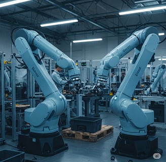 a group of robots in a factory with a man in the background