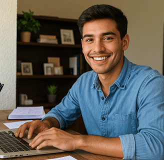 Hombre sonriente trabajando enfrente de su laptop en su casa, generando ingresos extra.