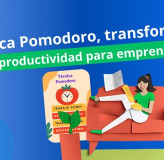Ilustración de mujer en el sillón leyendo Técnica Pomodoro representa la productividad para emprender.