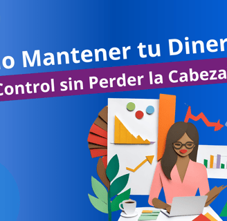 Ilustración de mujer revisando finanzas con gráficas, representa control del dinero sin estrés al emprender.