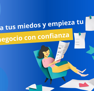 Ilustración mujer leyendo ideas de negocio  con el mensaje "Supera tus miedos y empieza tu negocio con confianza"