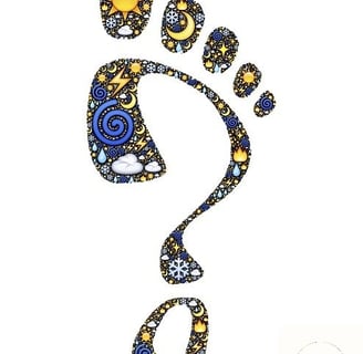 illustration, empreinte multicolore de pied sous forme de point d'interrogation