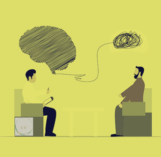 illustration de 2 personnes assises face à face et l'une démèle la pelotte du cerveau de l'autre