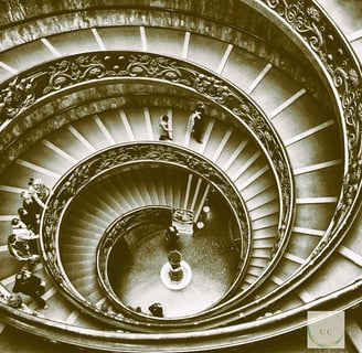 escalier en spirale très vaste comme une coquille d'escargot vue de dessus, photographie, spirale de la gestalt