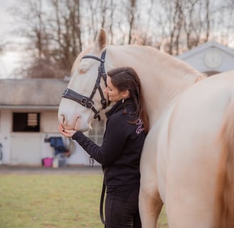 a woman in a black jacket is standing next to a horse
