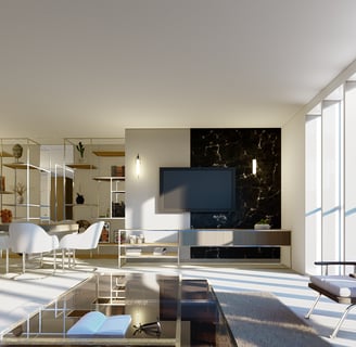 Living room interior design. luxury interior design with modern material. lighting and furnishing of tv room and dinning area