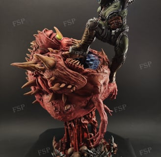 Custom resin diorama of armored sci-fi warrior battling floating creature, painted in brutal style