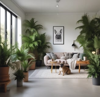 A cozy interior space featuring lush green foliage from several potted plants, including a prominent rubber plant in the foreground. A dark green wall provides a natural backdrop, along with an arched doorway leading further into the space. The word 'PRAIRIE' is displayed on the wall, contributing to a relaxed ambiance.