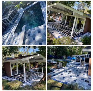 Outdoor patio and pool area remodeled with decorative floor painting and covered terrace by Garnet Painting & Remodeling GA i