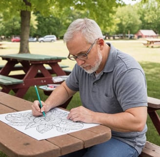a man sitting at a picnic table with a coloring book